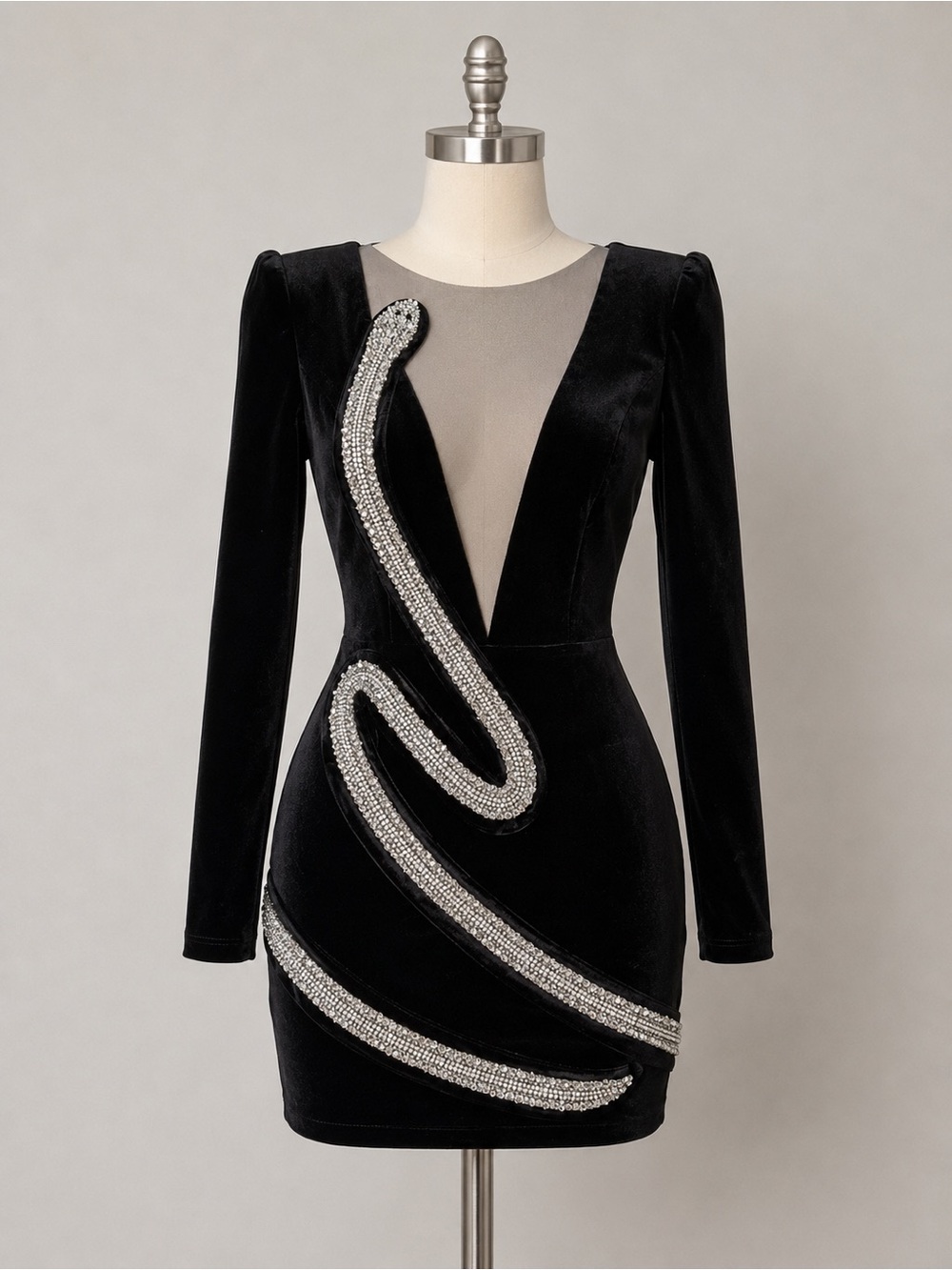 Black Velvet Beaded Sheer-Insert Long Sleeve Dress